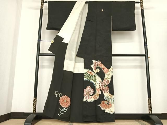 平和屋着物●アンティーク 大正ロマン 黒留袖 唐草文 金銀彩 正絹 fy