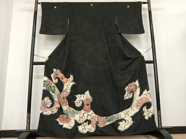 平和屋着物●アンティーク 大正ロマン 黒留袖 唐草文 金銀彩 正絹 fy