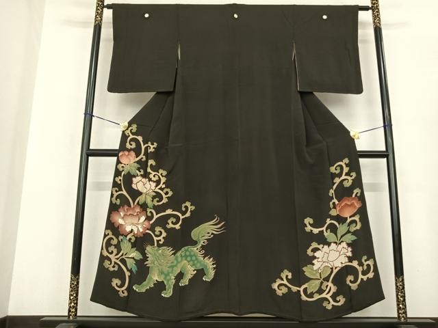 平和屋着物○アンティーク 大正ロマン 黒留袖 唐獅子牡丹 金糸 正絹