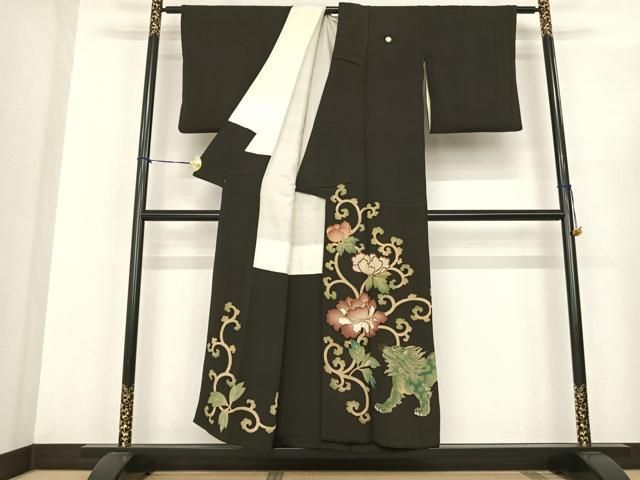 平和屋着物○アンティーク 大正ロマン 黒留袖 唐獅子牡丹 金糸 正絹