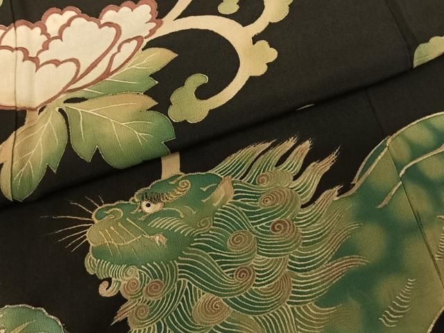 平和屋着物○アンティーク 大正ロマン 黒留袖 唐獅子牡丹 金糸 正絹