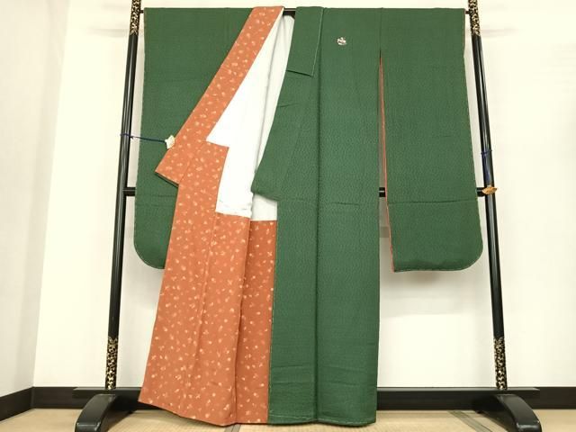 平和屋着物●豪華振袖 花尽くし地紋 緑青色 正絹 fy