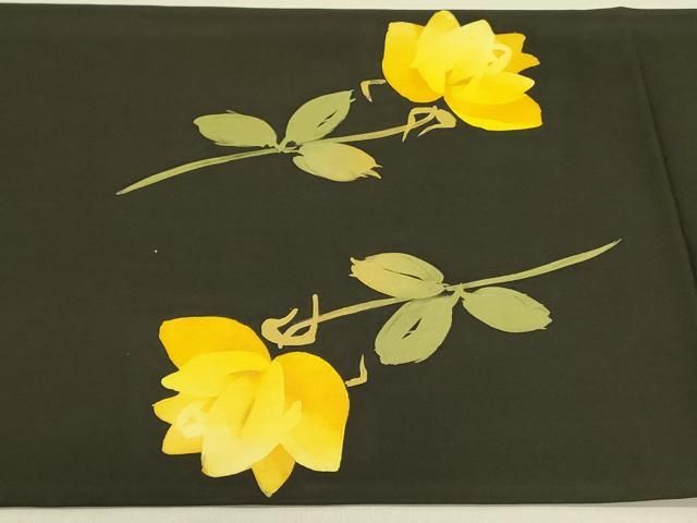  平和屋着物●塩瀬 九寸開き名古屋帯 草花 ろうけつ染め 黒地 正絹 op 名古屋帯 帯