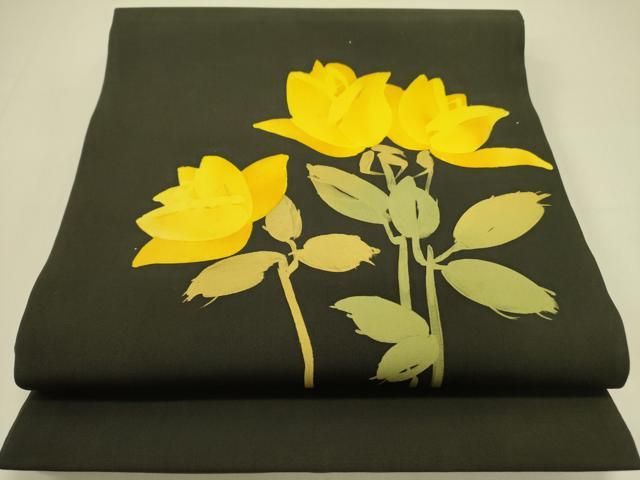 平和屋着物●塩瀬 九寸開き名古屋帯 草花 ろうけつ染め 黒地 正絹 op