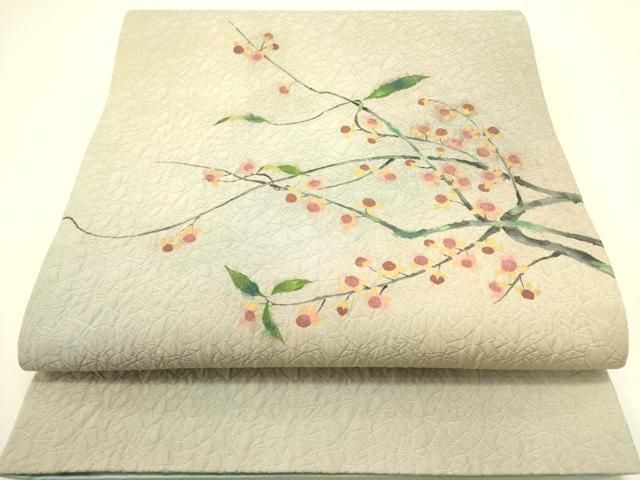 平和屋着物●太鼓柄袋帯 手描き ふくれ織 枝花 正絹 op