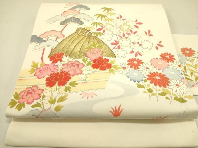 平和屋着物●塩瀬 九寸名古屋帯 駒刺繍 流水風景花文 金彩 正絹 op