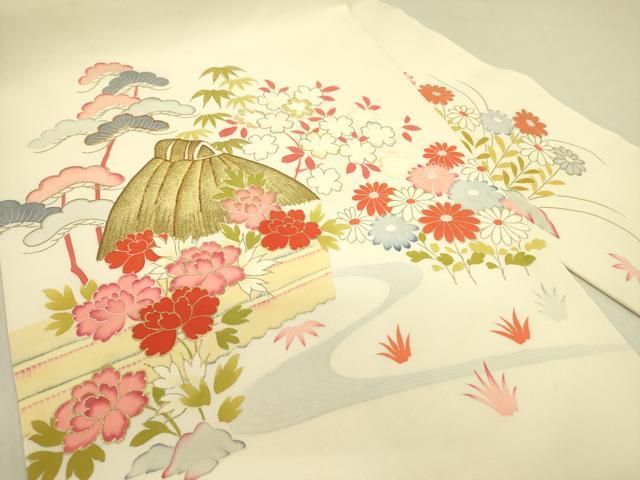 平和屋着物●塩瀬 九寸名古屋帯 駒刺繍 流水風景花文 金彩 正絹 op