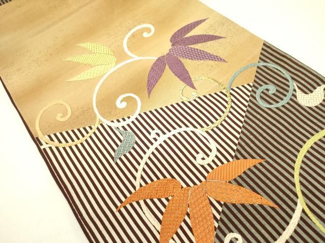 平和屋着物●太鼓柄袋帯 唐織 笹の葉唐草文 金糸 正絹 op