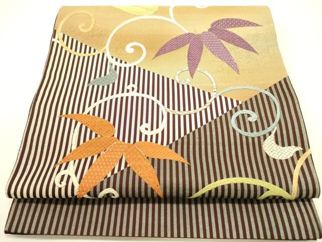 平和屋着物●太鼓柄袋帯 唐織 笹の葉唐草文 金糸 正絹 op