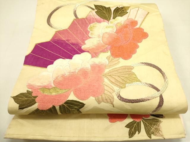 平和屋着物●アンティーク 大正ロマン 太鼓柄京袋帯 駒刺繍 総刺繍 檜扇花文 金糸 正絹 op