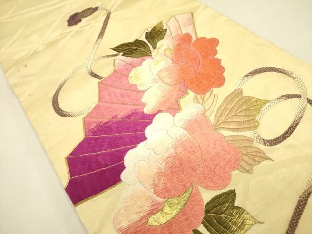 平和屋着物●アンティーク 大正ロマン 太鼓柄京袋帯 駒刺繍 総刺繍 檜扇花文 金糸 正絹 op