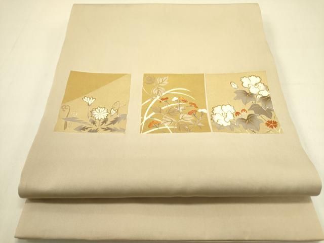 平和屋着物●塩瀬 九寸開き名古屋帯 刺繍 色紙草花文 金銀彩 正絹 op