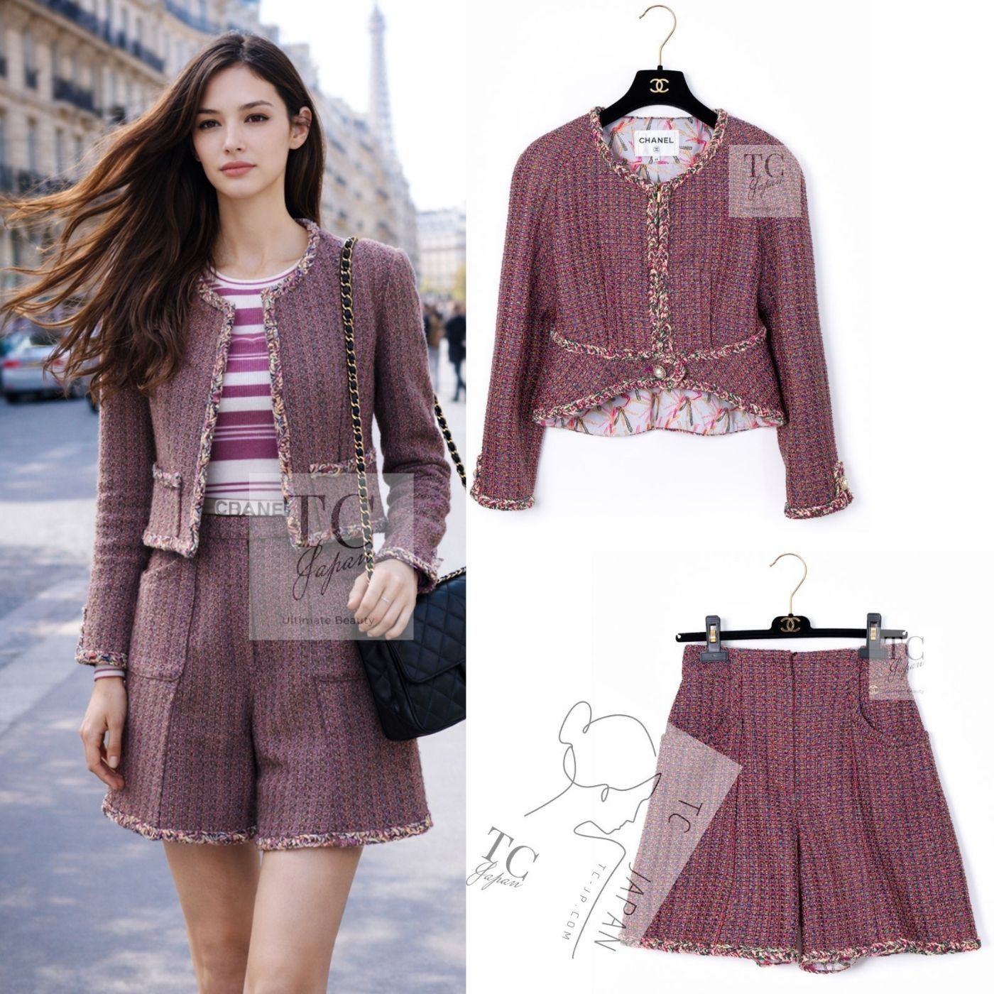 シャネル セットアップ CHANELピンク メタリック ツイード ジャケット