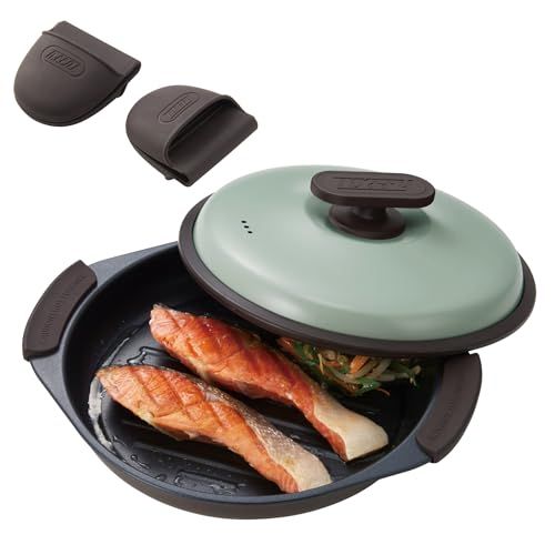 Toffy トフィー 電子レンジ用 グリルパン K MW 3 電子レンジに入れるだけ 調理器 波型プレート 1台6役 焼く 炒める 蒸す 茹でる 炊く 煮る シリコーンミトン付き レシピブック付き ペールアクアmm