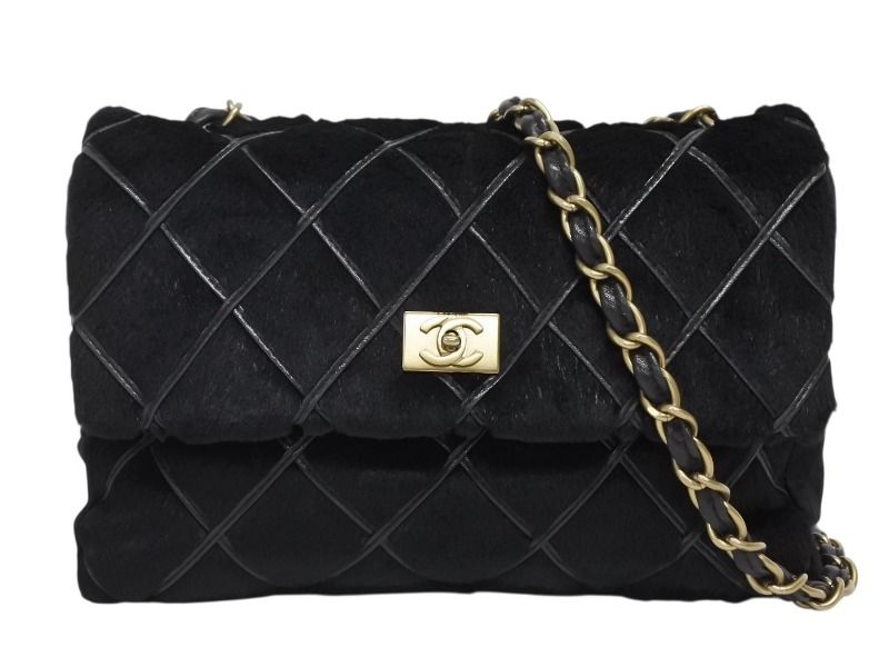 CHANEL シャネル Sチェーンショルダーバッグ 7番台 ココマーク ラパンファー ハラコ ブラック ゴールド金具 4 b 011164