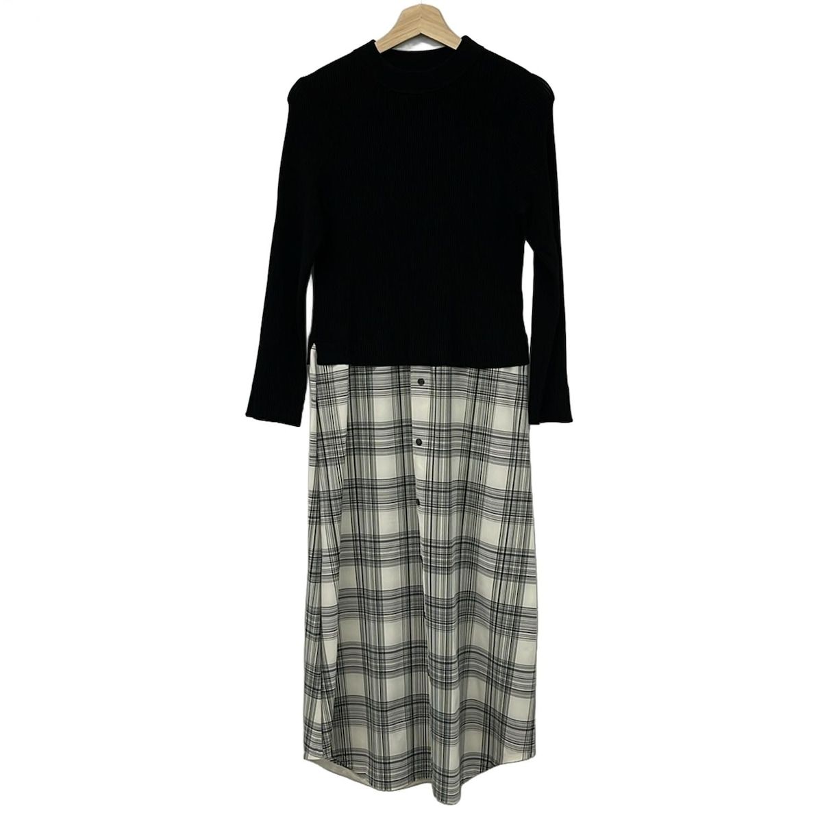 セオリーリュクス ワンピース サイズ38 M レディース - 黒×アイボリー×グレー クルーネック|長袖|マキシ丈|ニット|チェック柄