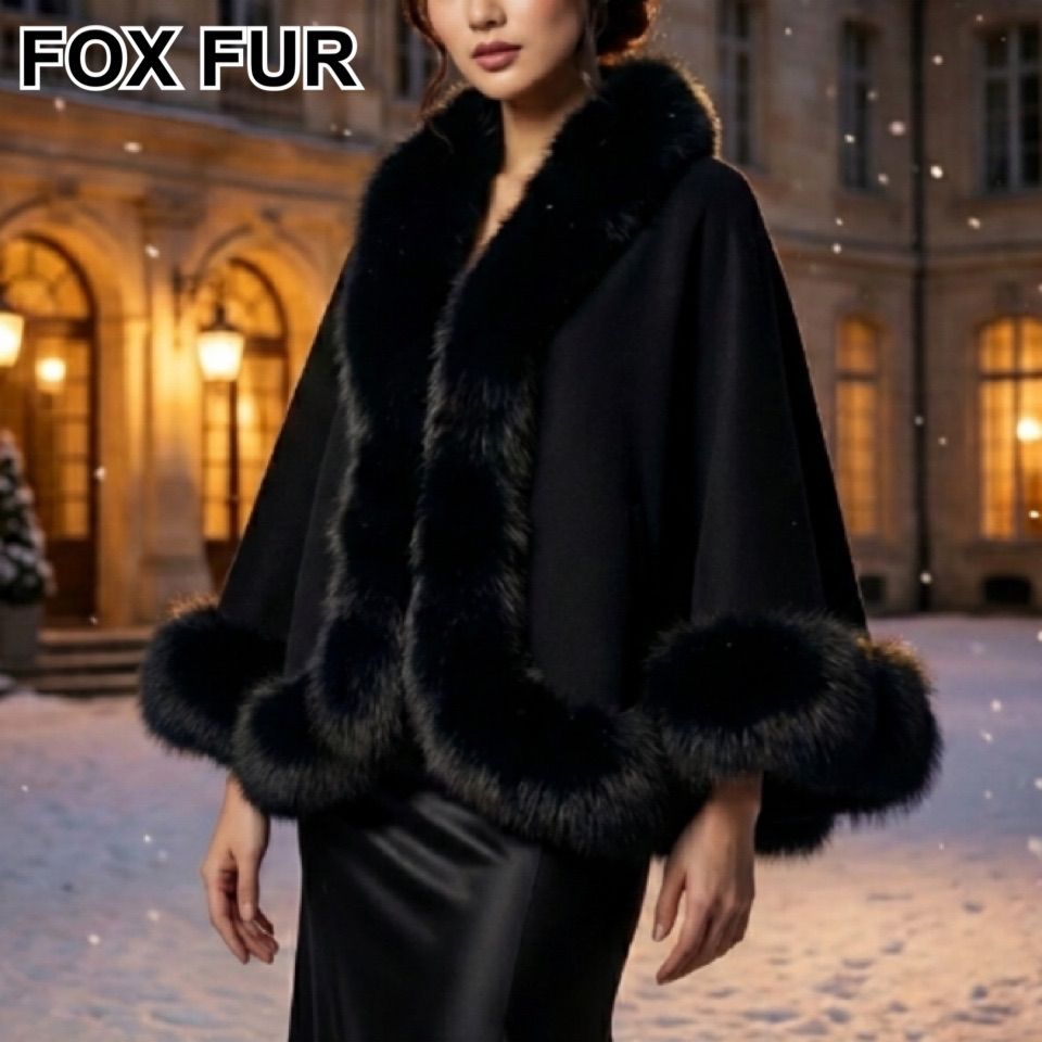 美品 豪華 FOXファー ケープ コート ポンチョ 黒 ブラック レディース