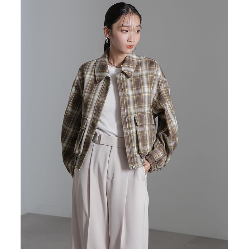 ナノ ユニバース チェック ショート ブルゾン レディース M 180 カーキ 669-4212301