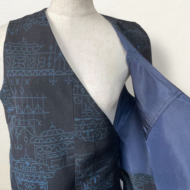十日町紬の着物から作った茶道お稽古着 チュニック丈タイプお城柄
