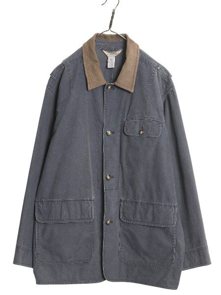 な ! エルエルビーン ハンティング ジャケット メンズ L アウトドア コットン カバーオール ハーフ コート 襟 本革 レザー ブルゾン ジャンパー