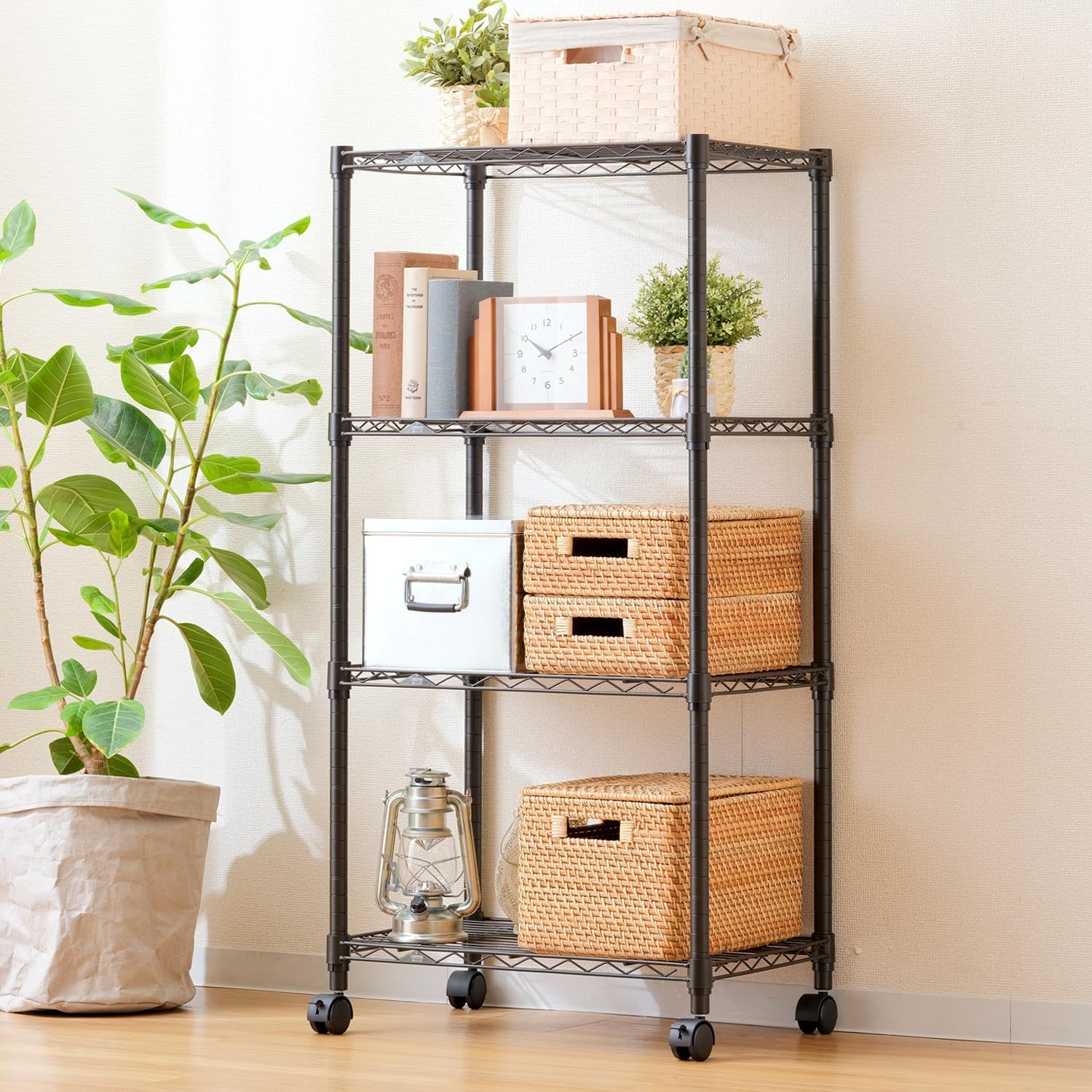 ドウシシャ ルミナス ノワール ラック 4段 幅60 奥行40 スリム キャスター付き スチールラック 黒 ブラック 収納棚 おしゃれ キッチンラック サビに強い 組立簡単 幅61×奥行41×高125.5 cm キャスター込 ポール径25 mm 耐荷重80 kg