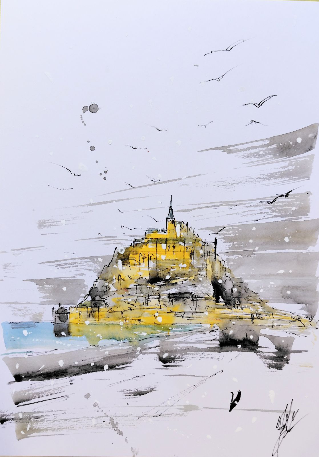 原画#203 モンサンミシェル フランス 雪 黒猫 水彩画 ドローイング