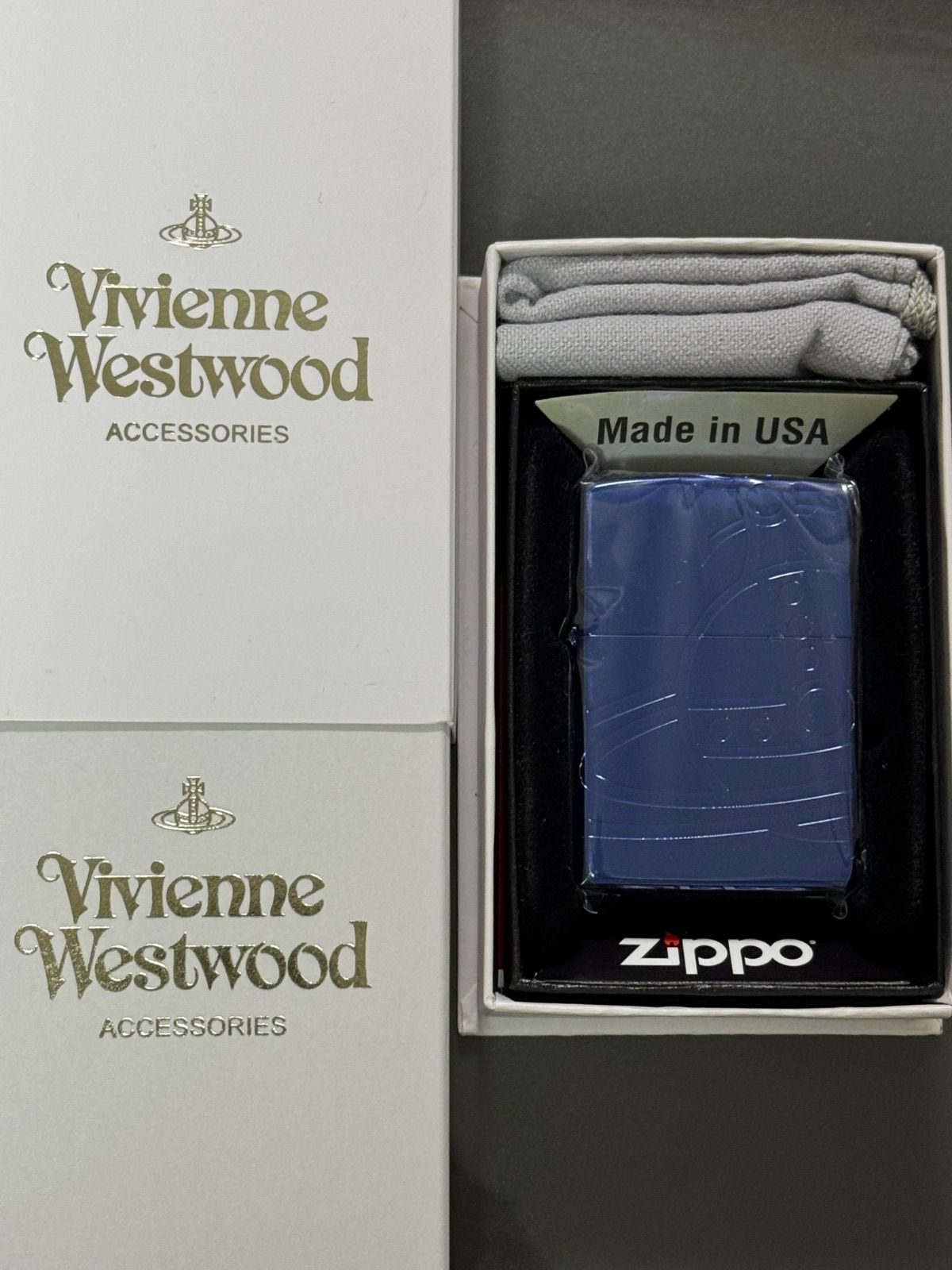 zippo Vivienne Westwood ヴィヴィアンウエストウッド ブルー 2021年製 5面連続刻印 ビックオーブ デットストック ケース 収納布袋 保証書