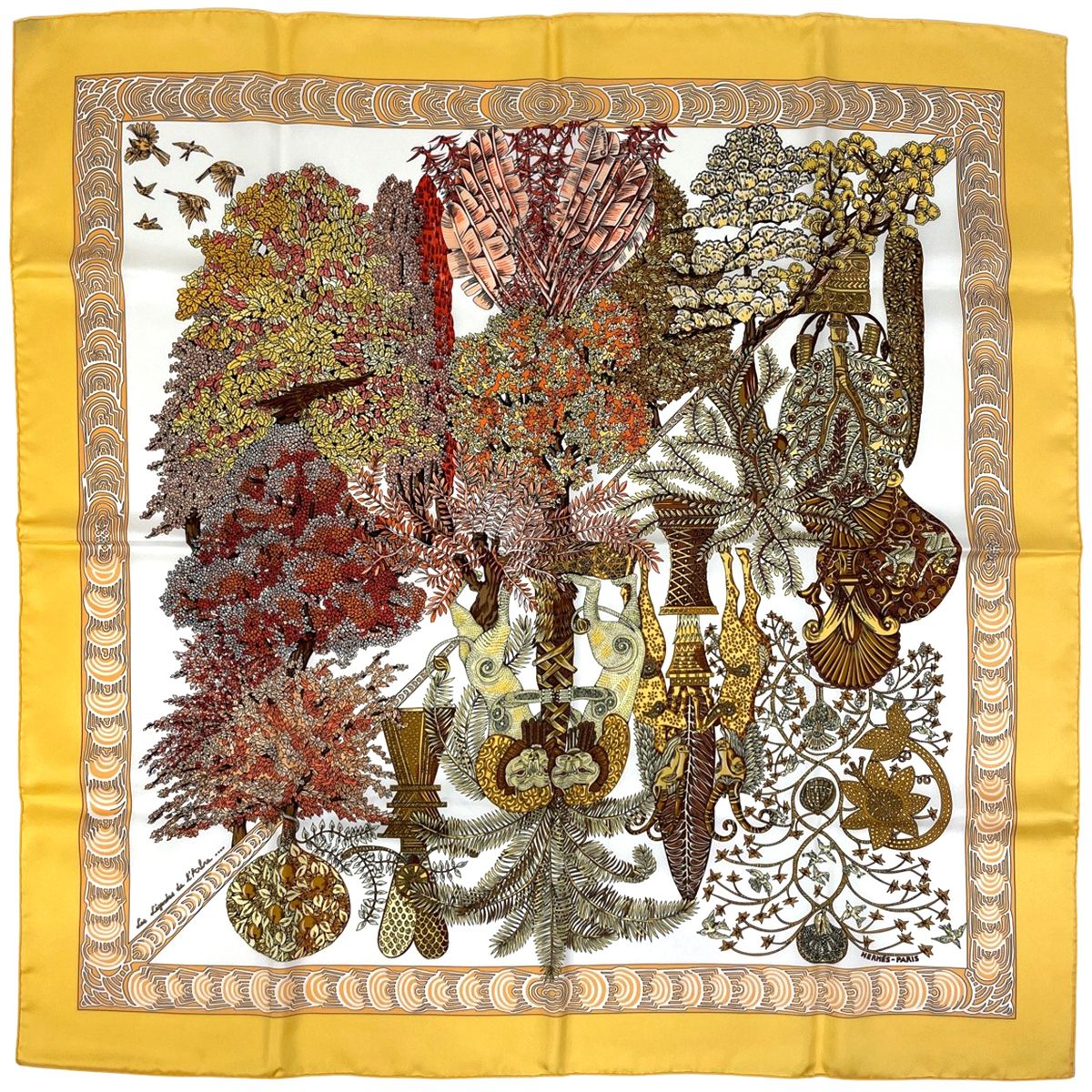 エルメス HERMES カレ 90 Les Legendes de L Arbre 木の伝説 スカーフ シルク イエロー マルチカラー レディース