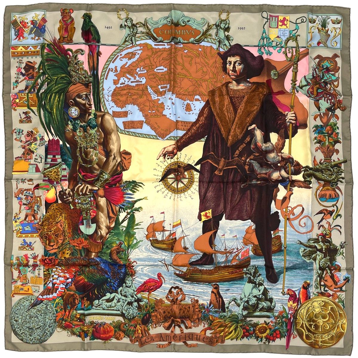 エルメス HERMES カレ 90 Les Ameriques COLOMBVS コロンブス カーミットオリバー スカーフ シルク グレージュ マルチカラー レディース