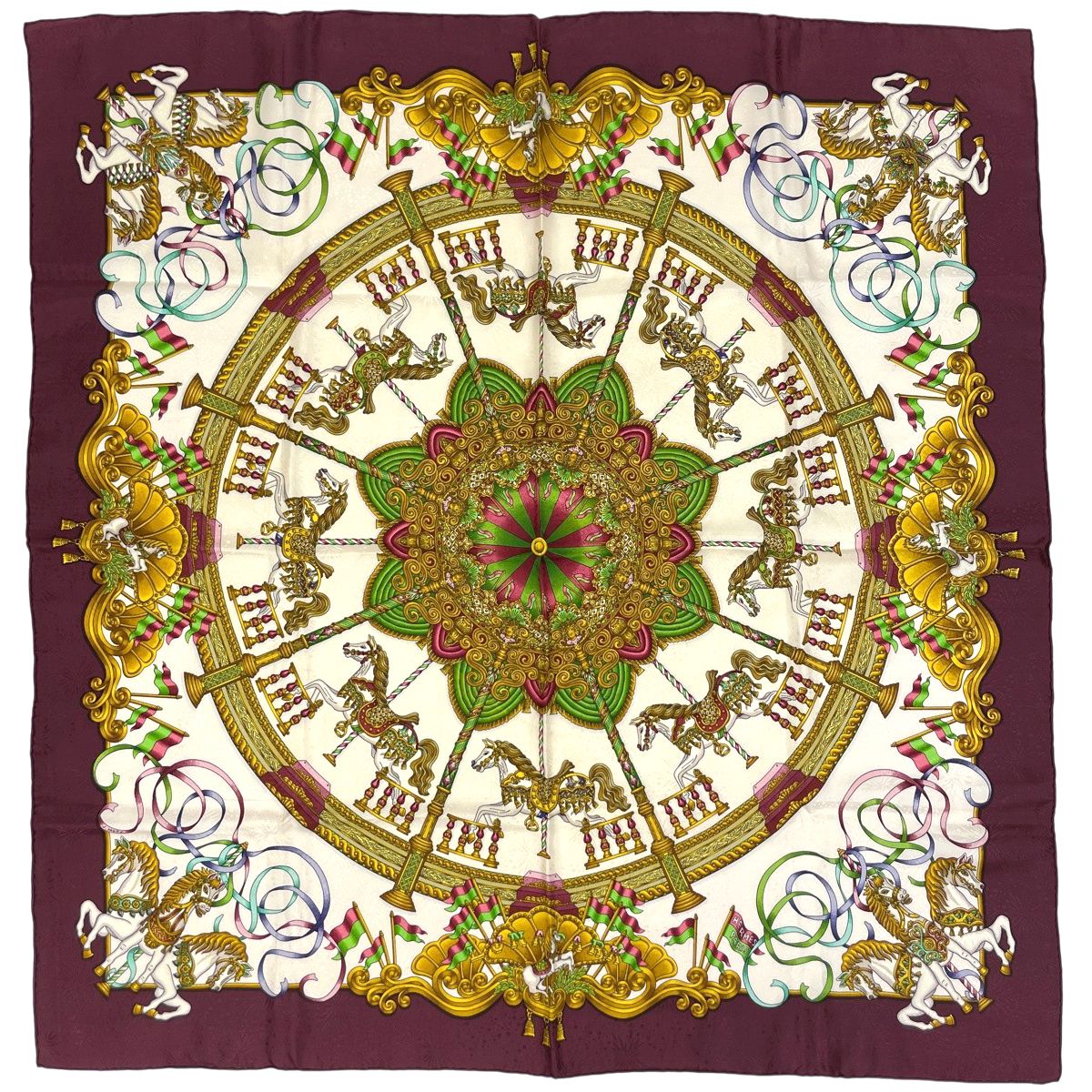 エルメス HERMES カレ 90 LUNA PARK 遊園地 メリーゴーランド スカーフ シルク ボルドー グリーン マルチカラー レディース