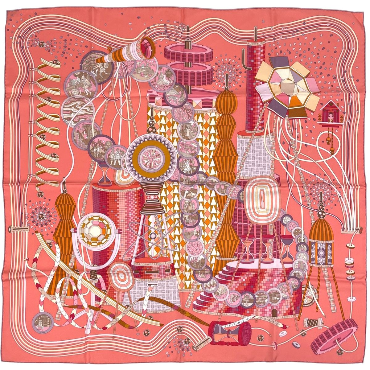 エルメス HERMES カレ 90 LE LABORATOIRE DU TEMPS 時の実験室 スカーフ シルク オレンジ ピンク マルチカラー レディース