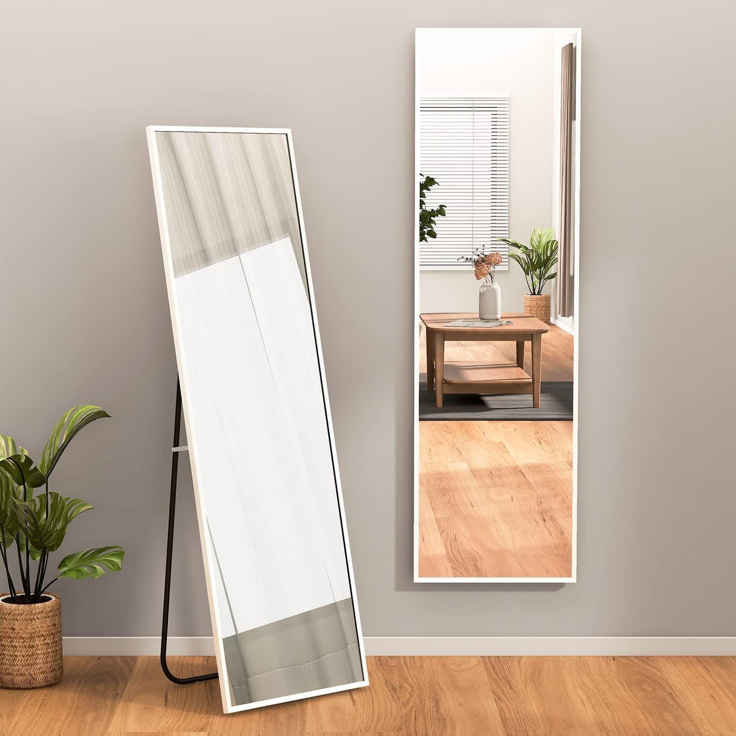 壁掛けミラー スタイリッシュ 鏡 おしゃれ 全身 飛散防止 ウォールミラー アルミフレーム 壁掛けも対応 スタンドミラー インテリア 姿見 全身ミラー 144*32 cm 全身鏡 ホワイト ミルオ君の鏡工房