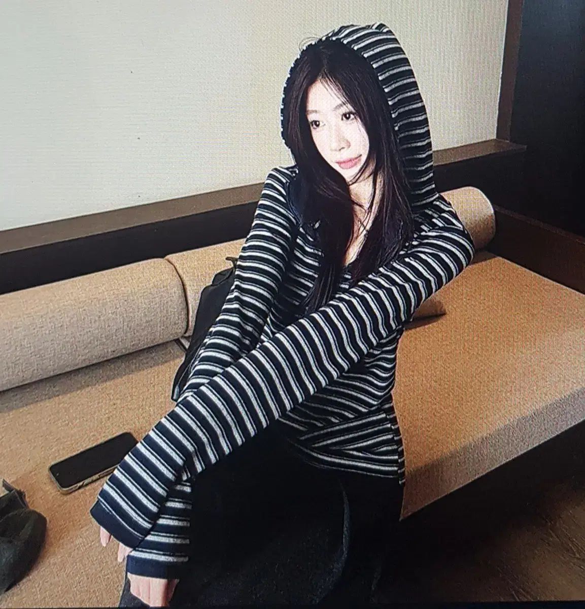 海外配送 ストライプ パータン フード 長袖Tシャツ