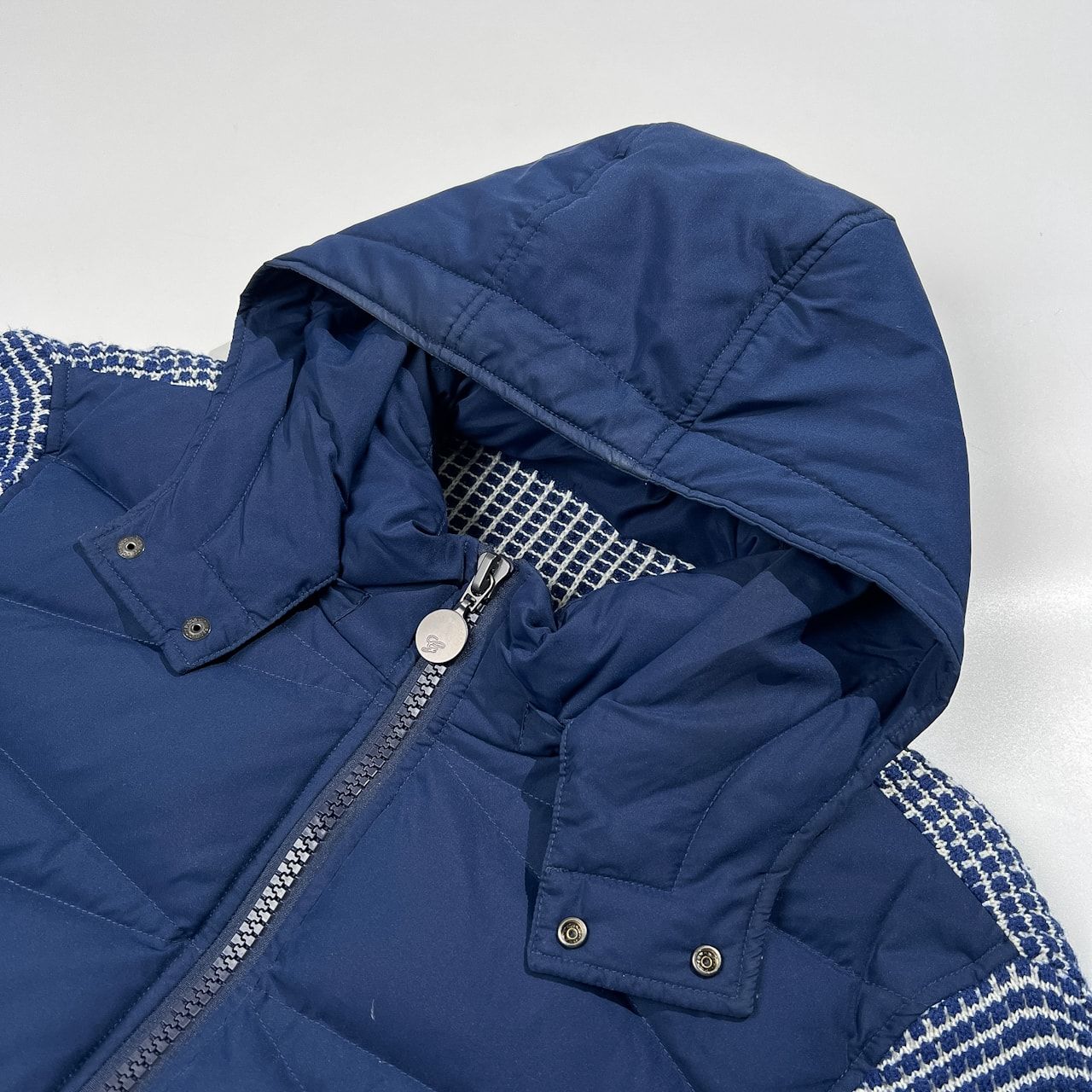 極美品　g-stage ニット切り替え　ダウンジャケット　48 ネイビー G-stage ジーステージ 袖ニット ダウンジャケット フード付き サイズ