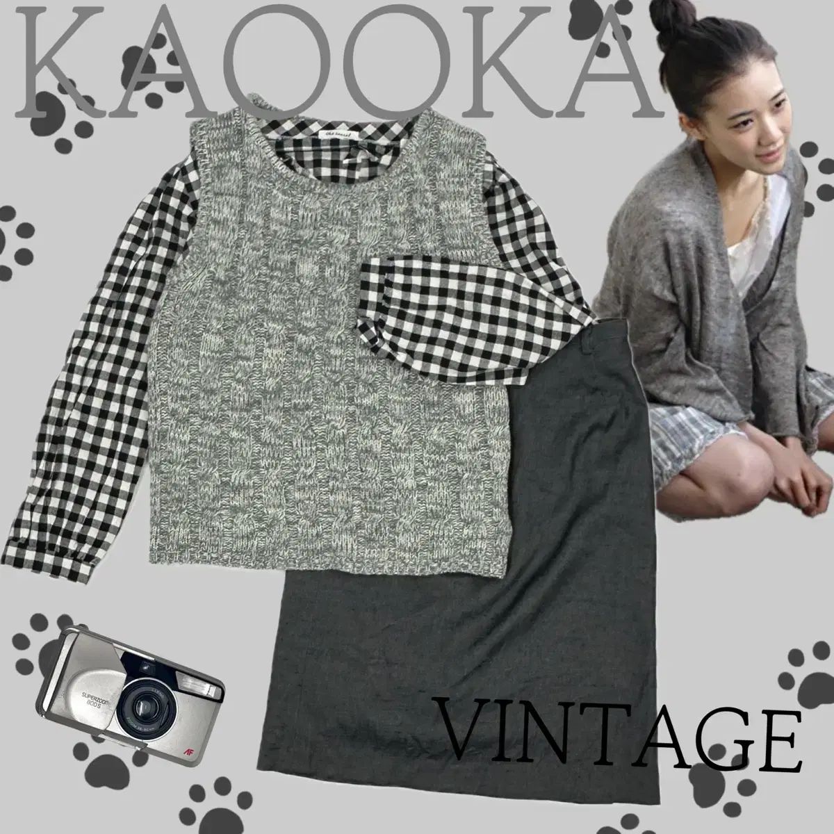 日本 ヴィンテージ モノトーン すずこ レイヤード ニット ギンガム スカート ミディ丈 コーディネートセット