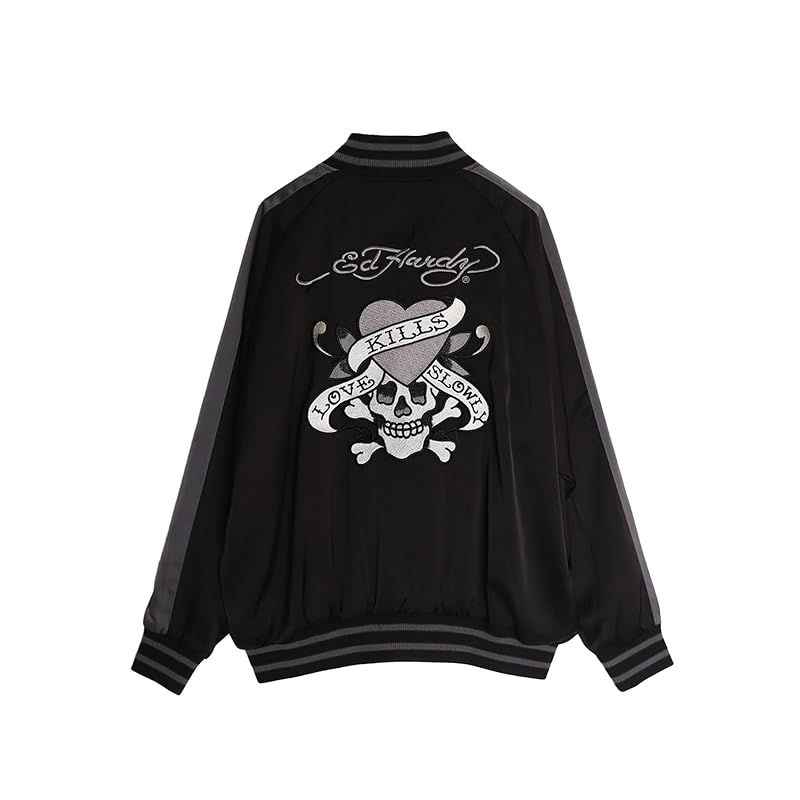 Ed Hardy エドハーディー スカジャン スタジャン ブルゾン アウター 刺繍 メンズ レディース M ブラック|スカル