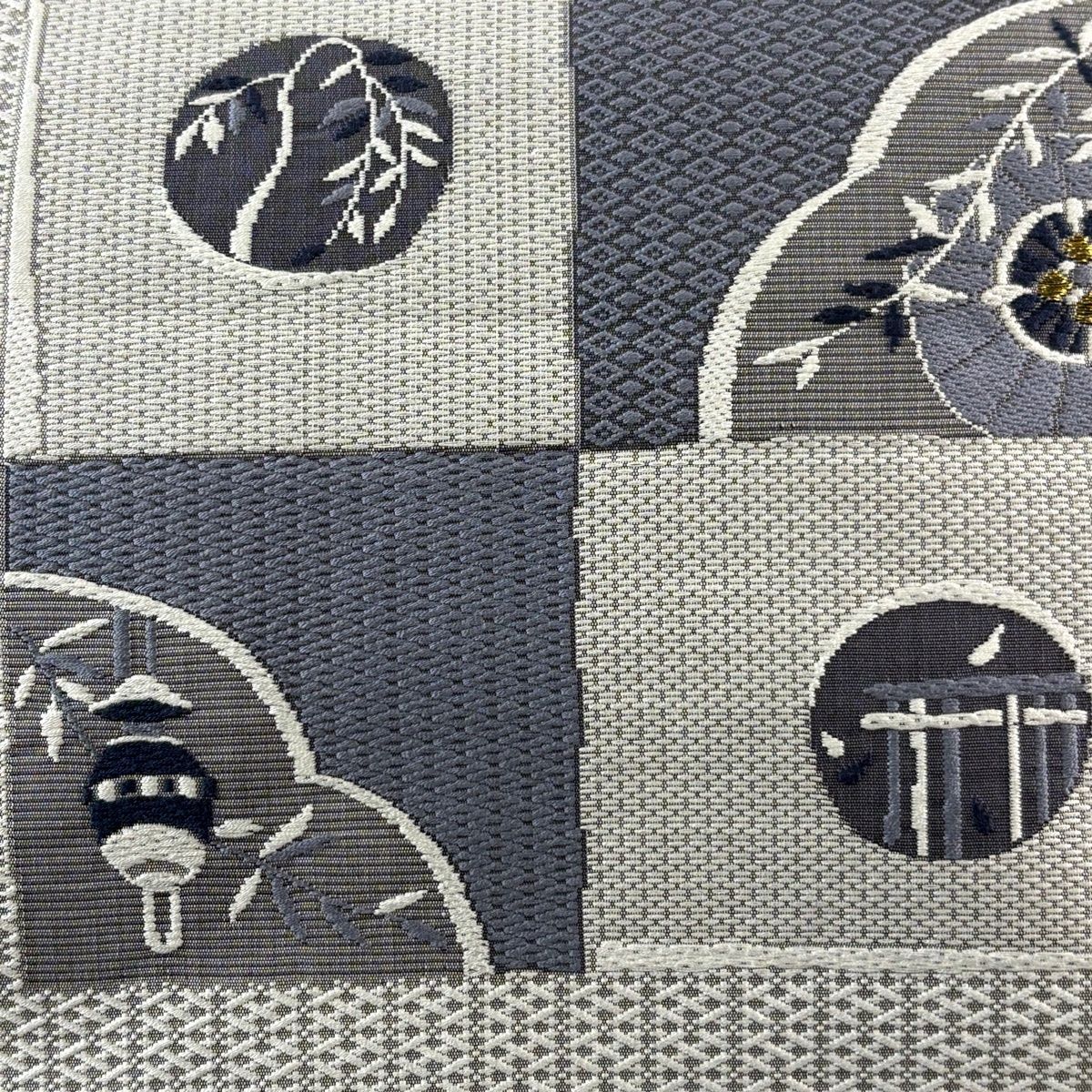 名古屋帯 秀品 八寸名古屋帯 松葉仕立て 番傘 柳 金糸 灰色 正絹