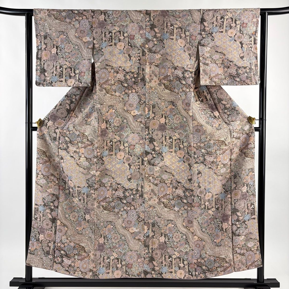 小紋 身丈154 cm 裄丈62 S 袷 草花 流水 刺繍 絞り 灰紫 正絹 名品