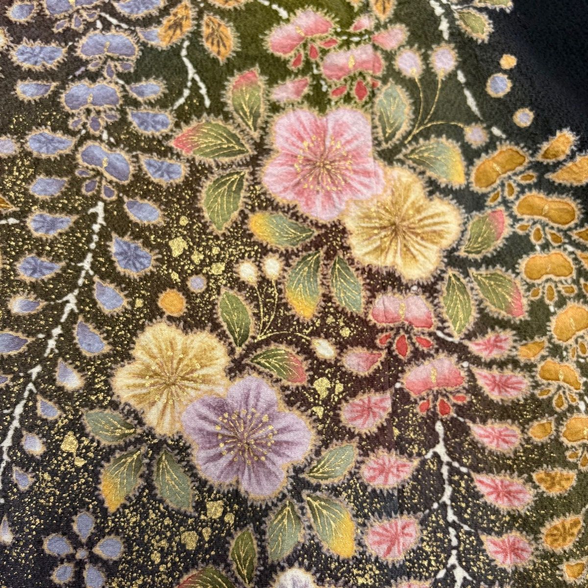  付下げ 身丈151 cm 裄丈64 M 袷 翠山工房 やまと 落款 草花 藤 金彩 絞り 濃紺 正絹 名品 訪問着 付け下げ 着物