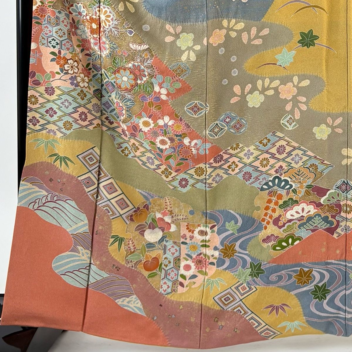 訪問着 身丈164 cm 裄丈66 M 袷 松竹梅 流水 金糸 絞り からし色 正絹 名品