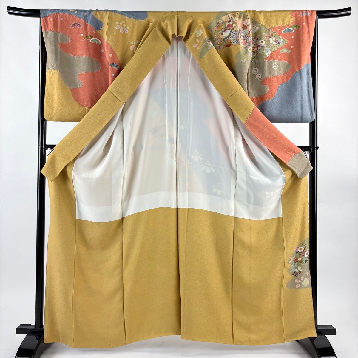  訪問着 身丈164 cm 裄丈66 M 袷 松竹梅 流水 金糸 絞り からし色 正絹 名品 訪問着 付け下げ 着物