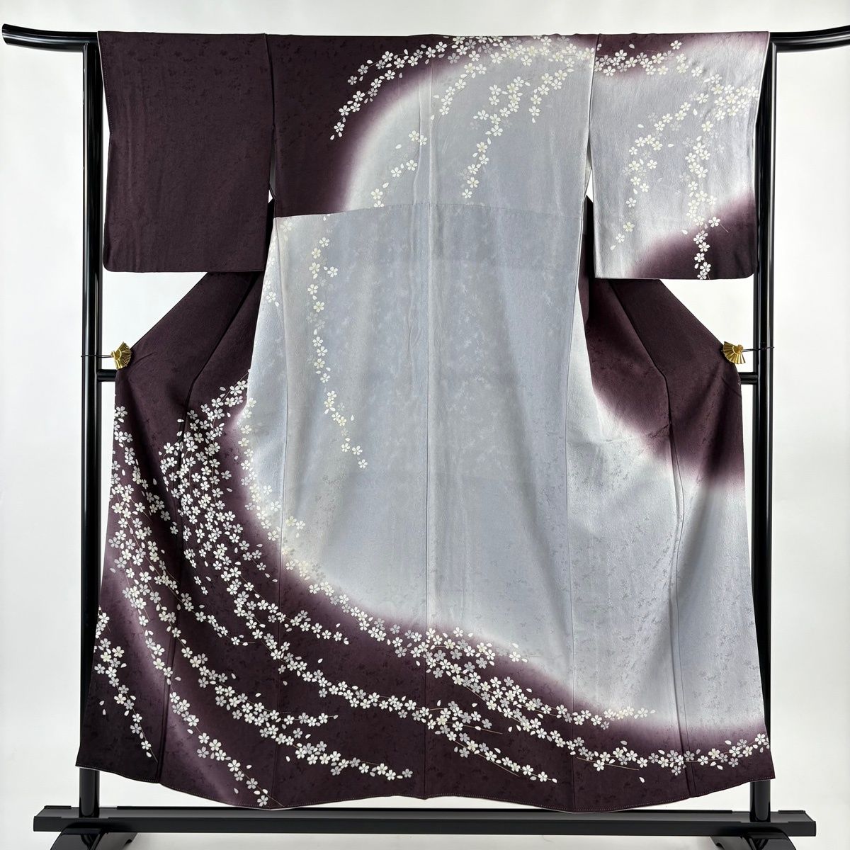 訪問着 身丈152 cm 裄丈64 M 袷 桜 地紋 金彩 ぼかし 茶紫 正絹 名品