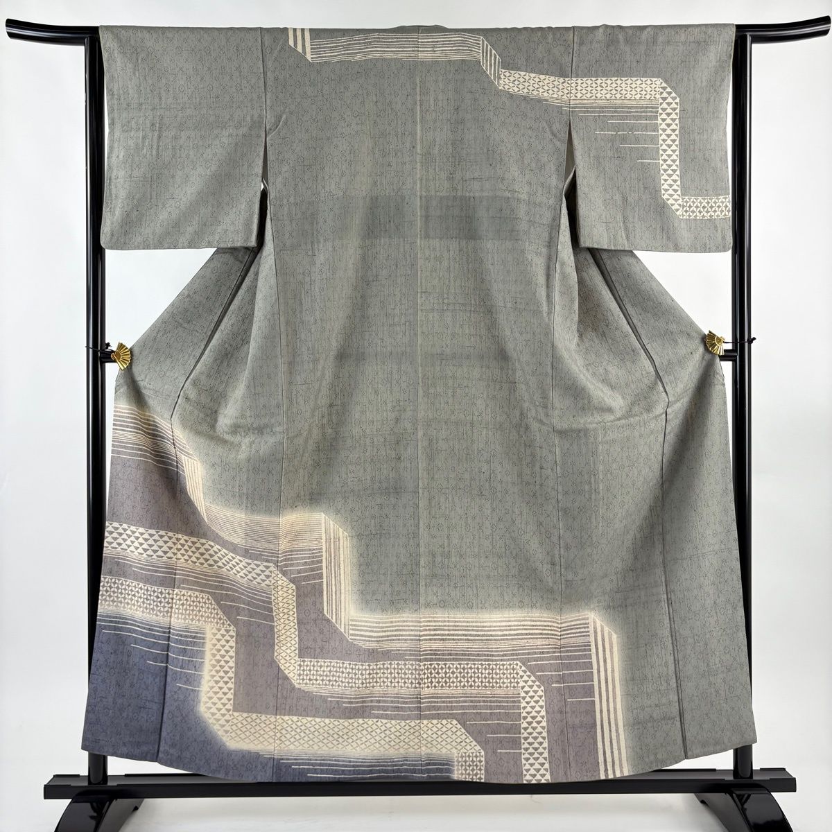 訪問着 身丈156 cm 裄丈62.5 S 袷 紬地 縞 鱗 灰緑 正絹 名品