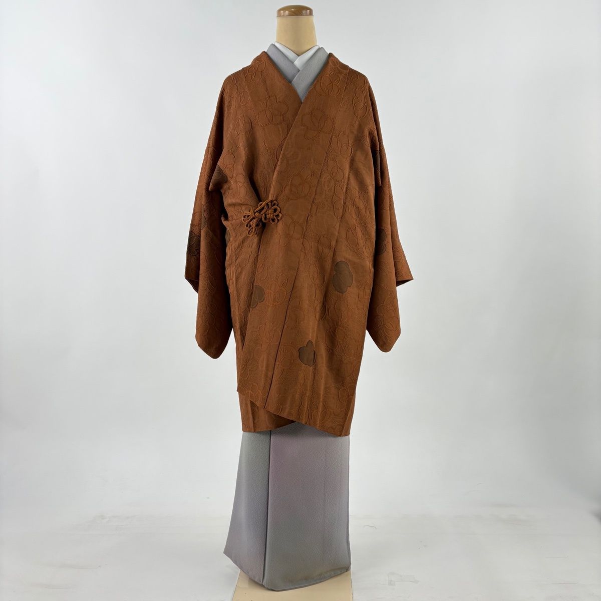 道中着 身丈98.5 cm 裄丈67 M 和装コート 葉柄 地紋 茶色 正絹 秀品