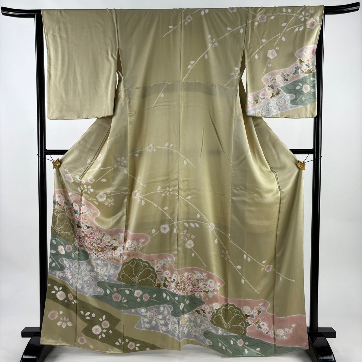 訪問着 身丈165.5 cm 裄丈65 M 袷 草花 霞 金彩 薄緑 正絹 秀品