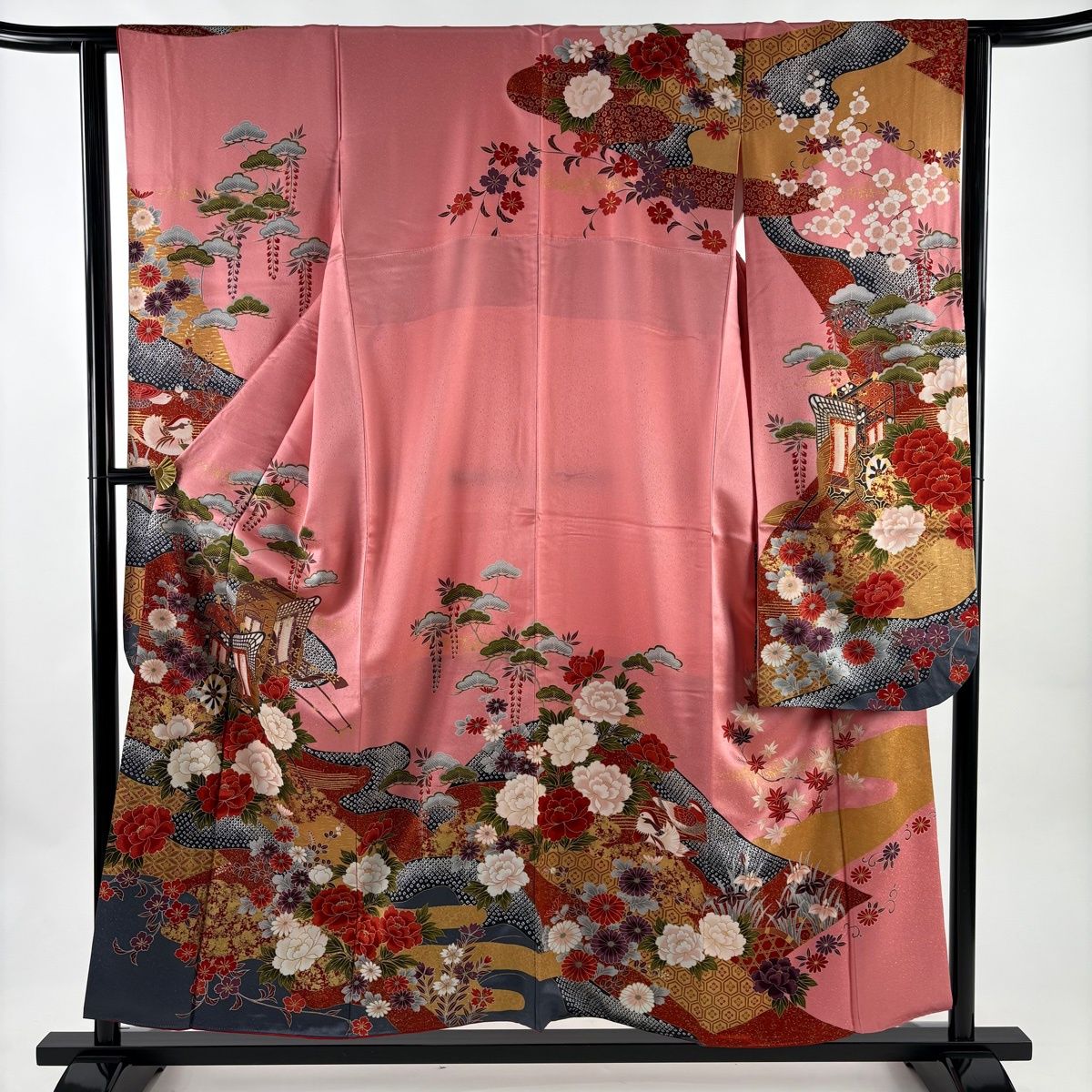 振袖 身丈155 cm 裄丈62.5 S 袷 御所車 牡丹 金彩 ピンク 正絹 秀品
