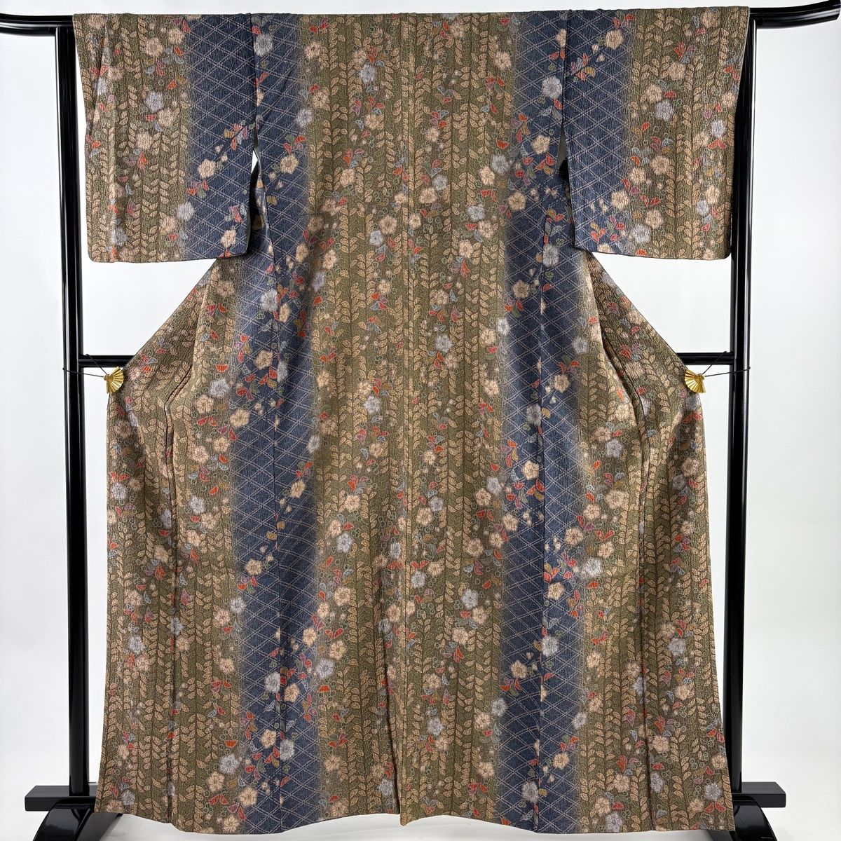 小紋 身丈161.5 cm 裄丈65 M 袷 草花 菱 茶緑色 正絹 秀品