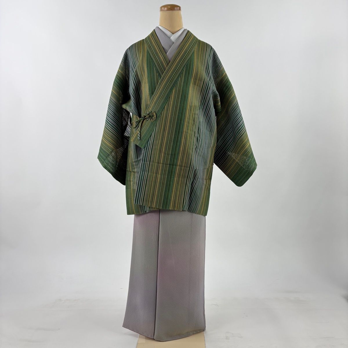 道中着 身丈80 cm 裄丈60.5 S 和装コート 着物衿 本泥染 証紙 縞 緑 正絹 秀品