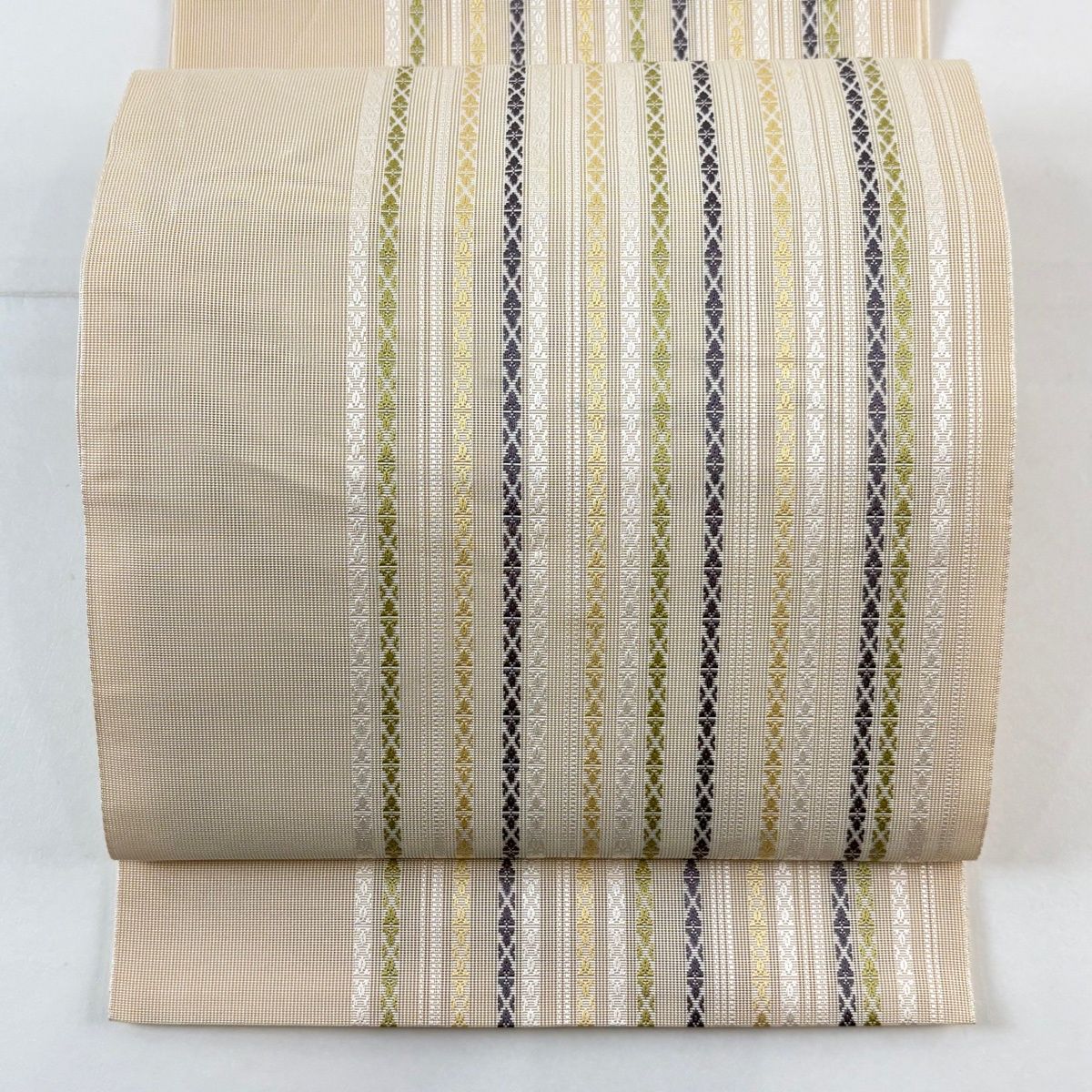 名古屋帯 名品 夏帯 紗 八寸名古屋帯 縞 幾何学模様あ ベージュ 正絹