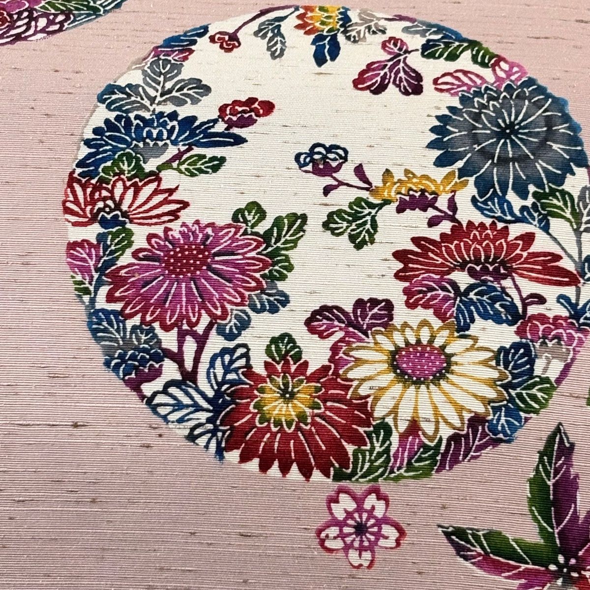 名古屋帯 名品 紬地 花丸文 桜 薄紫 正絹